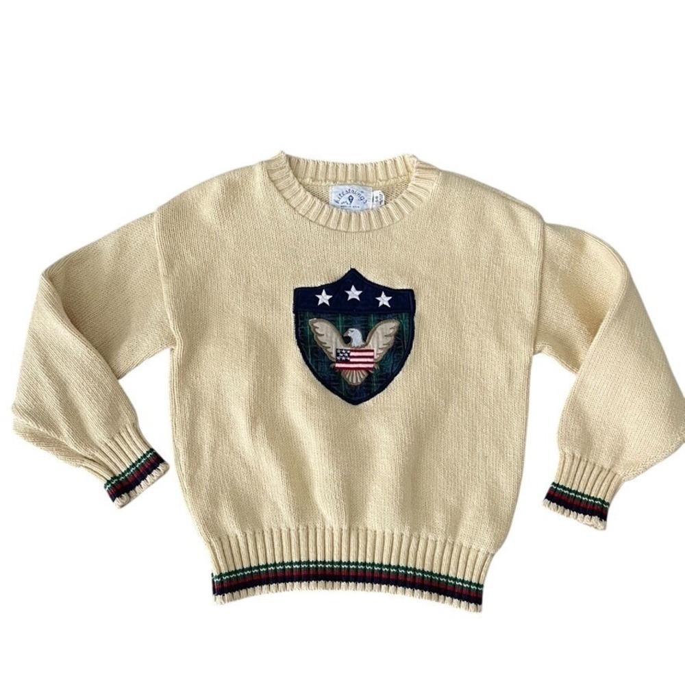 Vintage 90s Kitestrings Butter‎ Yellow Crest Sweater 5/6 USA Cotton Embroidered